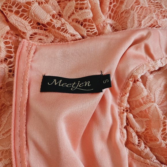 NWOT Meetjen Women's Vintage Floral Lace Asymmetrical Hem Coral Cocktail Dress - Picture 7 of 12